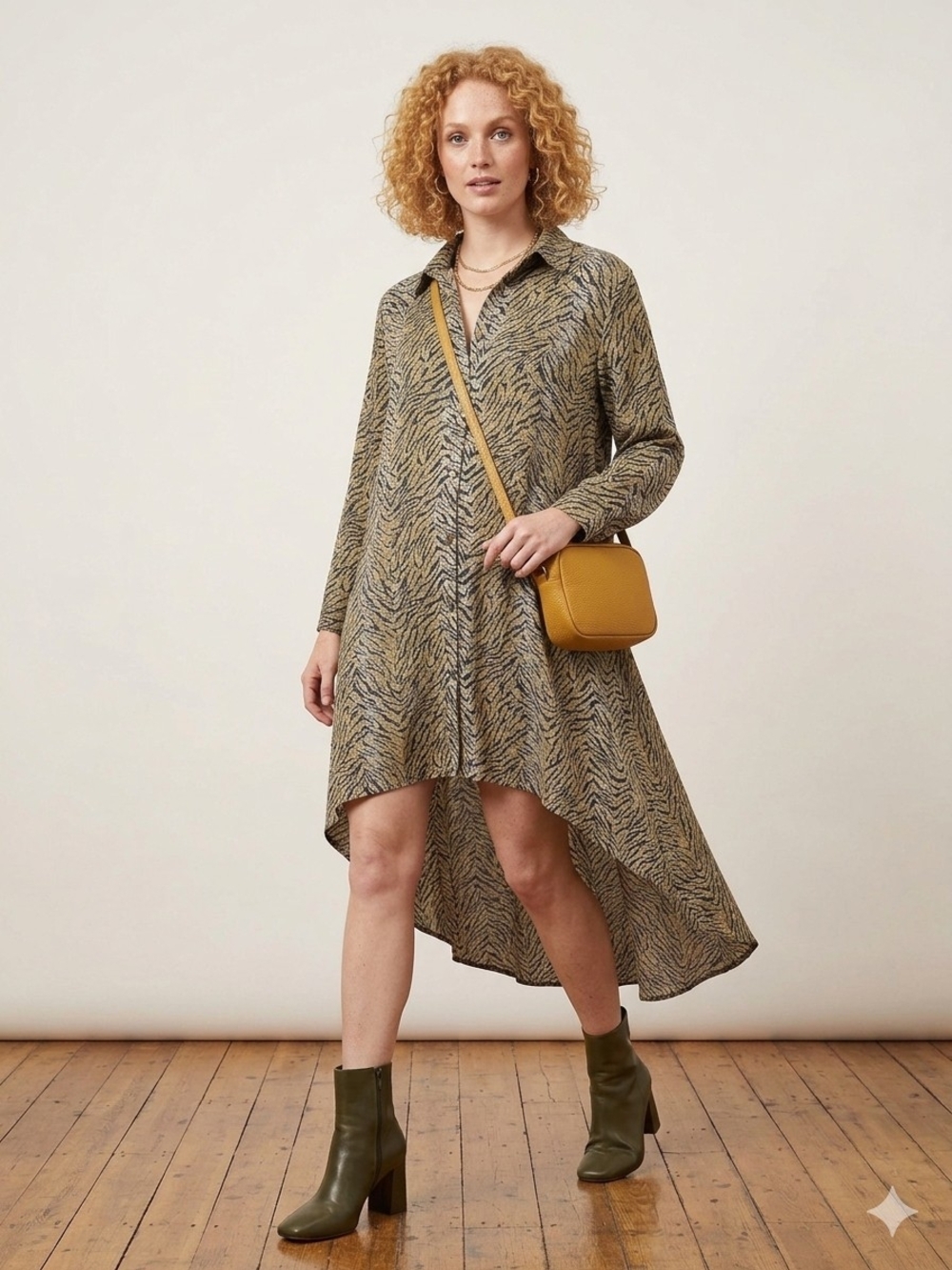 High-Low Button-Front Shirt Dress in Olive Zebra Print